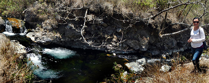 Lucia González investigating the boiling hot Black River